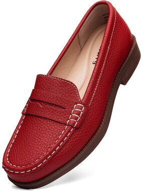 Women's Red Pebbled Leather Penny Loafers Slip On Contrast Stitch Shoes Flats
